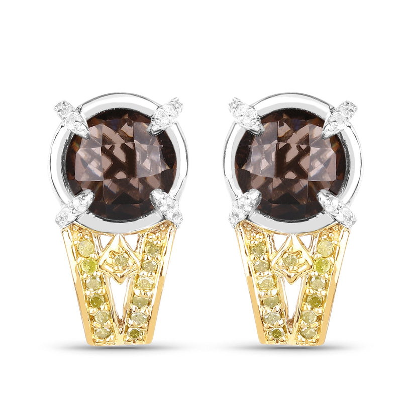 Bids.com 3.75 Carat Genuine Smoky Quartz, Yellow Diamond and White Diamond .925 Sterling Silver Earrings Earrings