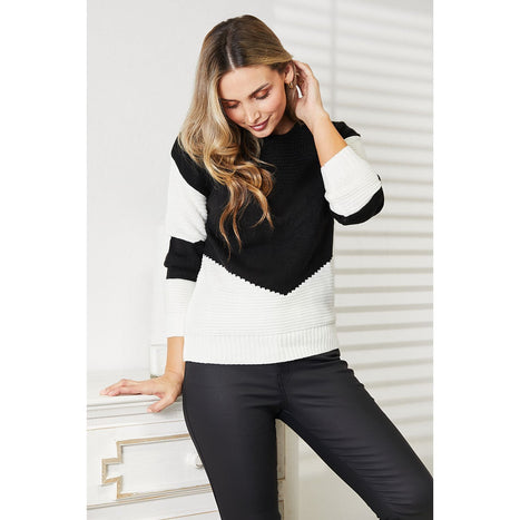 Double Take Two-Tone Openwork Rib-Knit Sweater