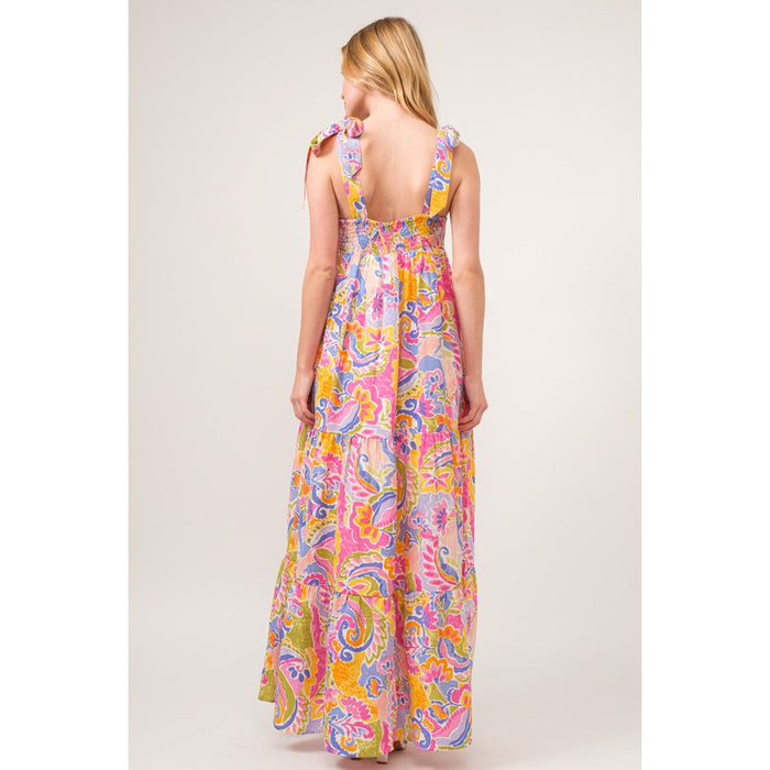 And The Why Printed Tie Shoulder Tiered Maxi Dress