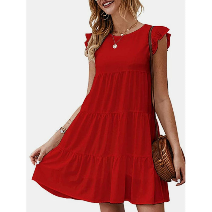 Ruffled Round Neck Cap Sleeve Mini Dress