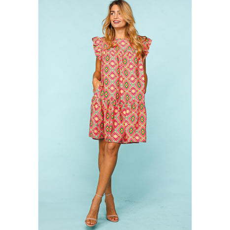 Ruffled Printed Dress with Side Pockets