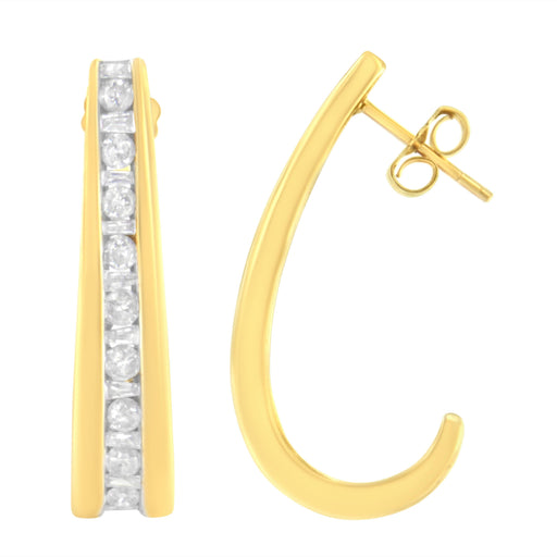 Bids.com 10K Yellow Gold 1 cttw Channel Set Diamond J-Hoop Earrings (H-I Clarity, I1-I2 Color) Earrings