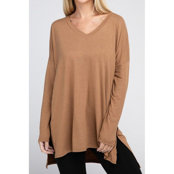 Dolman Long Sleeve V-Neck Side Slit Hi-Low Hem Top