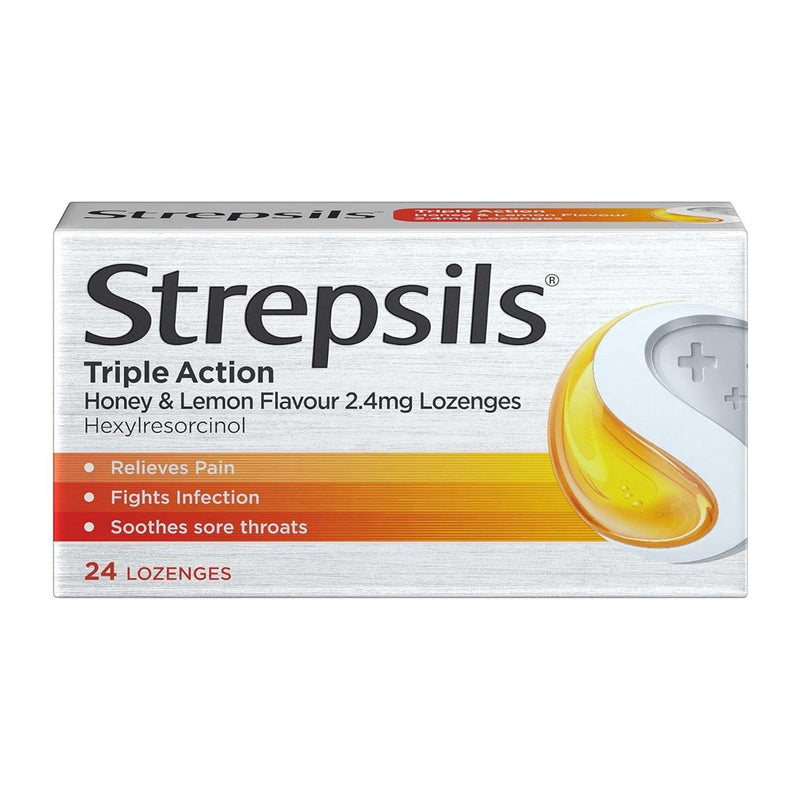Strepsils Strepsils Triple Action Sore Throat Pain Relief Honey & Lemon Flavour 2.4mg Lozenges 24 Sore Throat Lozenges