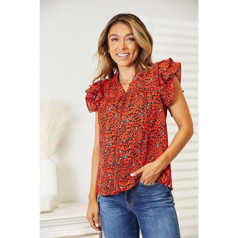 Double Take Floral Flutter Sleeve Notched Neck Blouse