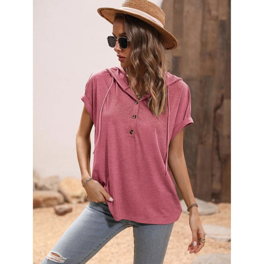 Half Button Hooded Short Sleeve Blouse