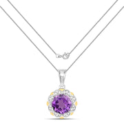 Bids.com 1.87 Carat Genuine Amethyst and White Diamond 14K Yellow Gold with .925 Sterling Silver Pendant Pendants