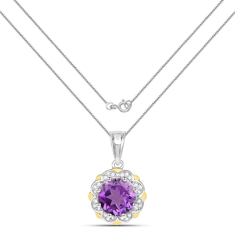 Bids.com 1.87 Carat Genuine Amethyst and White Diamond 14K Yellow Gold with .925 Sterling Silver Pendant Pendants