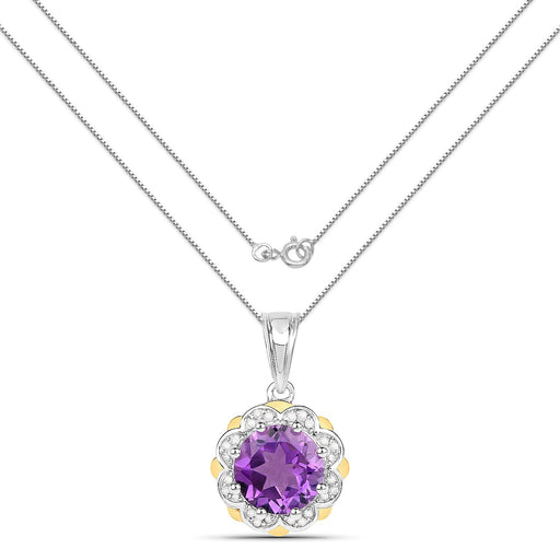 Bids.com 1.87 Carat Genuine Amethyst and White Diamond 14K Yellow Gold with .925 Sterling Silver Pendant Pendants