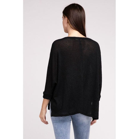 3/4 Sleeve V-Neck Hi-Low Hem Jacquard Sweater