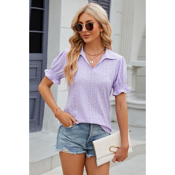 Eyelet Johnny Collar Short Sleeve Blouse