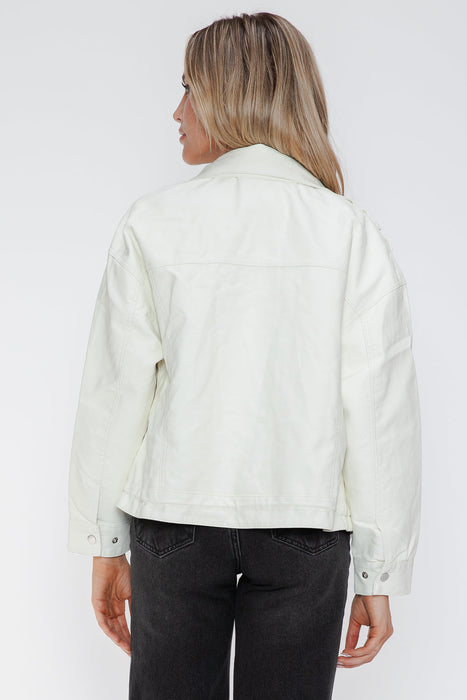 Drawstring Hem PU Leather Zip Up Jacket