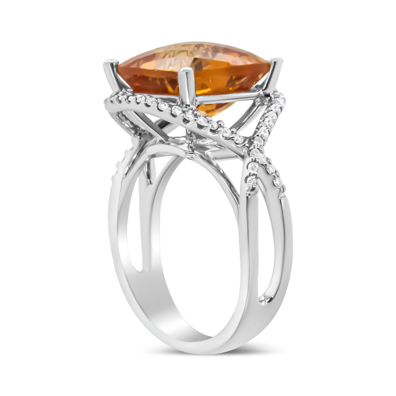 Bids.com 14K White Gold 12mm Cushion Cut Yellow Citrine Gemstone and 1/3 Cttw Round Pave-Set Diamond Ring - (H-I Color, VS1-VS2 Clarity)- Size 6.5 Rings