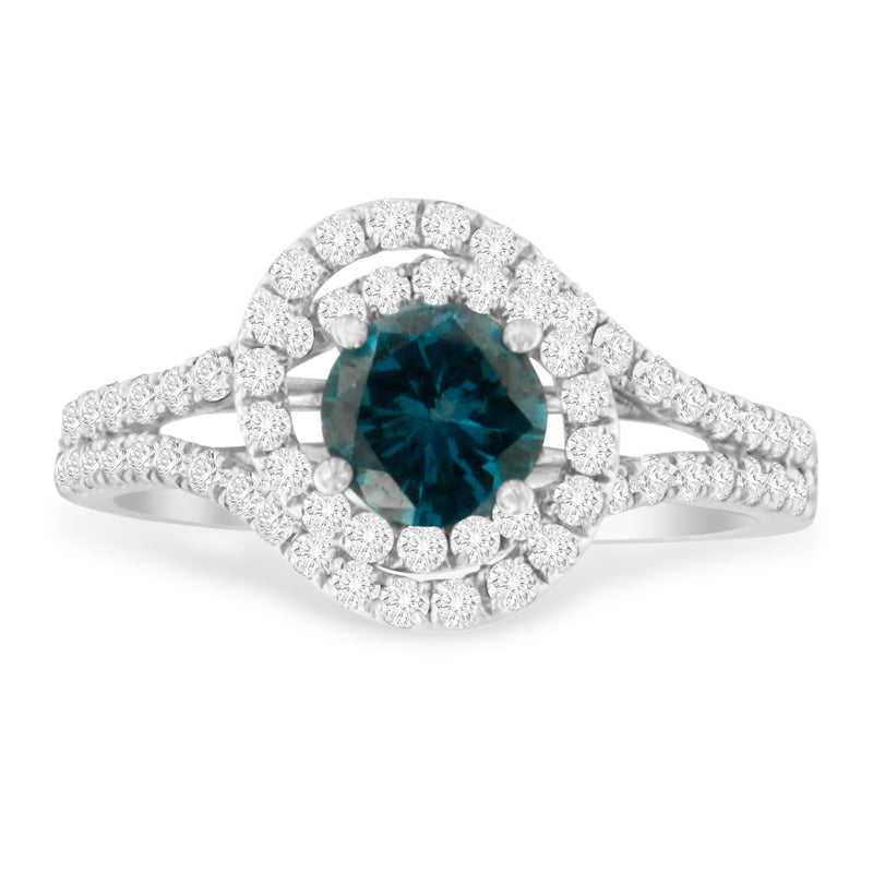 Bids.com 14K White Gold 1-1/3 Cttw White & Blue Diamond Interweaving Double Halo Cocktail Statement Ring (G-H and Fancy Blue Color, SI2-I1 Clarity) - Size 6 Rings