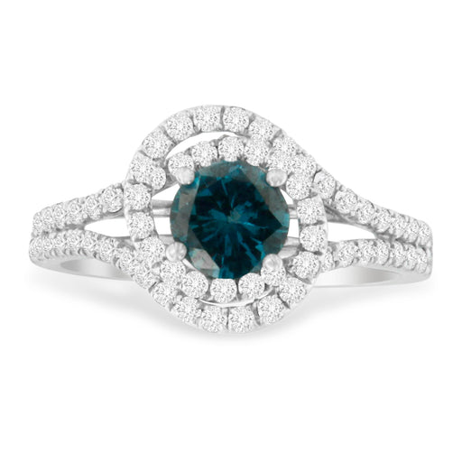 Bids.com 14K White Gold 1-1/3 Cttw White & Blue Diamond Interweaving Double Halo Cocktail Statement Ring (G-H and Fancy Blue Color, SI2-I1 Clarity) - Size 6 Rings