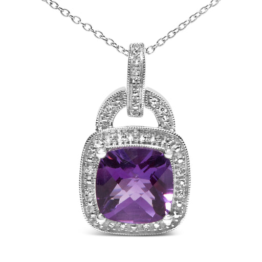 Bids.com .925 Sterling Silver 10X10 MM Cushion Purple Amethyst and Diamond Accent Halo 18" Pendant Necklace (I-J Color, I1-I2 Clarity) Necklaces