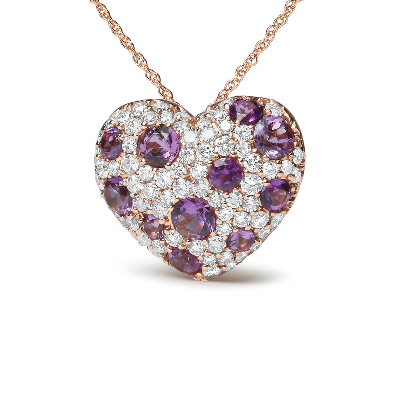 Bids.com 18K Rose Gold 3/4 Cttw Diamond and Purple Amethyst Cluster Heart Shape 18" Pendant Necklace (G-H Color, SI1-SI2 Clarity) Necklaces