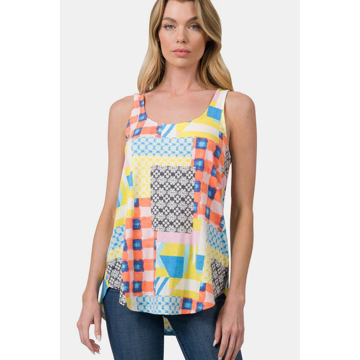 Zenana Printed Round Neck Curved Hem Tank