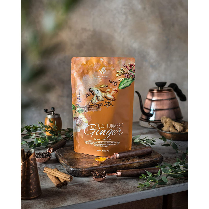 Gardenika Shop Turmeric Ginger Tulsi Chai Loose Tea, Ayurvedic Anti-Inflammatory Blend - /w Turmeric & Ginger - Herbal & Caffeine Free - Organic & Kosher Loose Leaf Tea