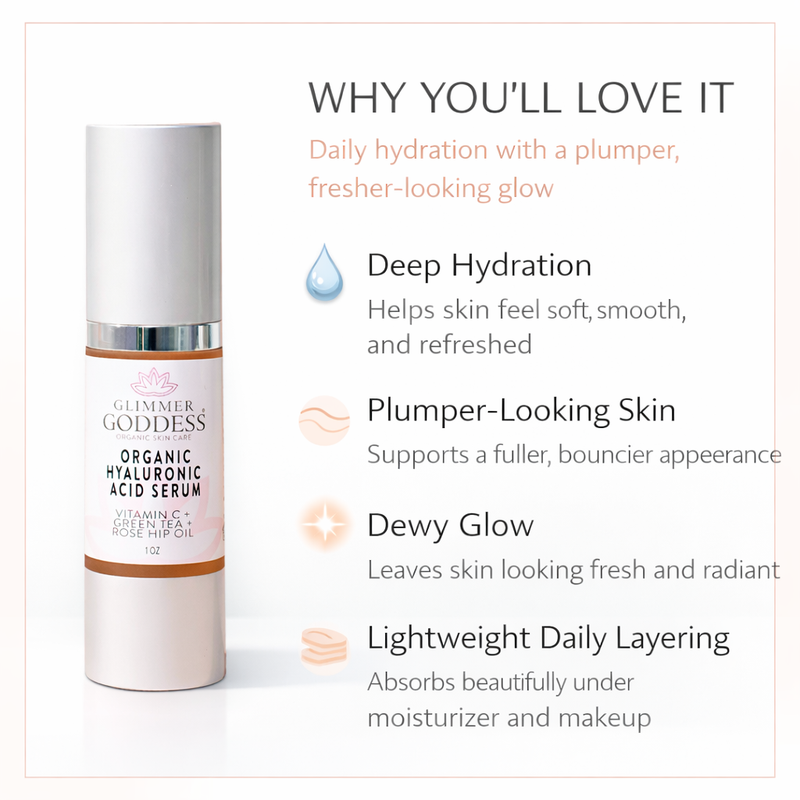 Glimmer Goddess® Organic Skin Care Organic Hyaluronic Acid Serum – Plumping Hydration 1 oz. Serums