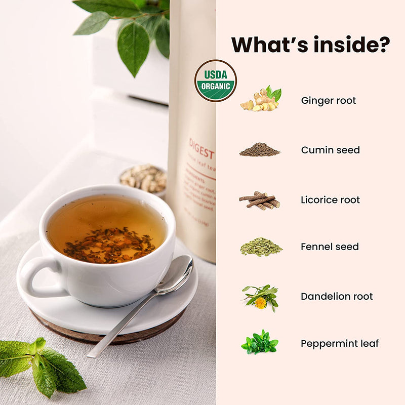 Gardenika Shop Digest Awake Loose Tea, Bloating & Stomach Ease - Ayurvedic Blend with Ginger & Peppermint - Herbal & Caffeine Free - Organic & Kosher Loose Leaf Tea