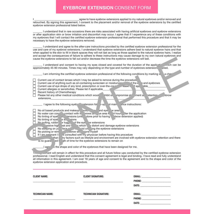 Eyebrow Extension Consent Form - 25 per quantity