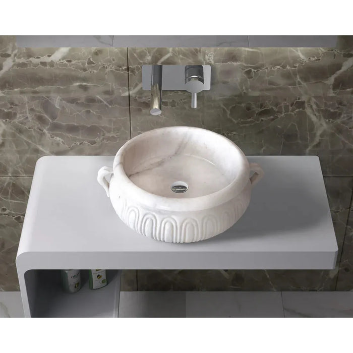 Calacatta White Marble Vessel Saucepan Shape Above Vanity Bathroom Sink (D)17" (H)6"