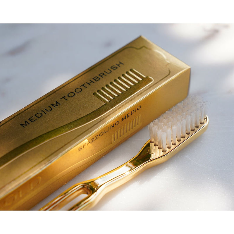 KOH-I-NOOR Beauty USA Gold & Chrome Medium Nylon Bristles Toothbrush by Lavorati a Mano Toothbrush Dark Gray Gold,Chrome