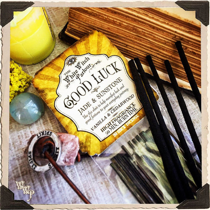 GOOD LUCK Elixir INCENSE. 20 Stick Pack. Scent of Vanilla , Cedar Wood. Blessed by Sunstone Jade Crystals.