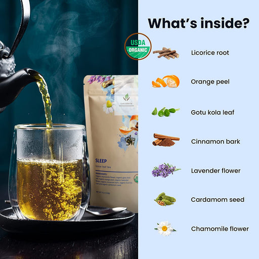 Gardenika Shop Sleep Calm Loose Tea, Evening Relaxation & Calm - Ayurvedic Blend with Chamomile - Lavender & Gotu Kola - Herbal & Caffeine Free - Organic & Kosher Loose Leaf Tea