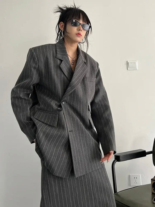 Gray Maxi Skirt Striped Oversized Women's Blazer Two Pieces Suit