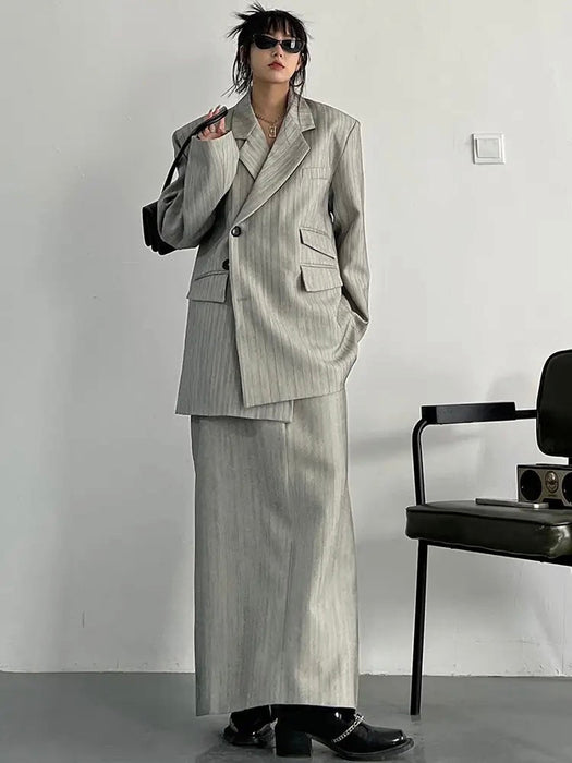 Gray Maxi Skirt Striped Oversized Women's Blazer Two Pieces Suit