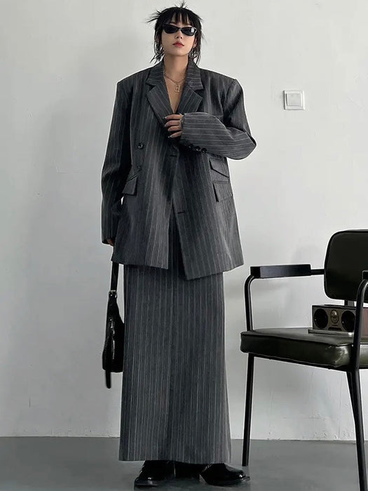 Gray Maxi Skirt Striped Oversized Women's Blazer Two Pieces Suit