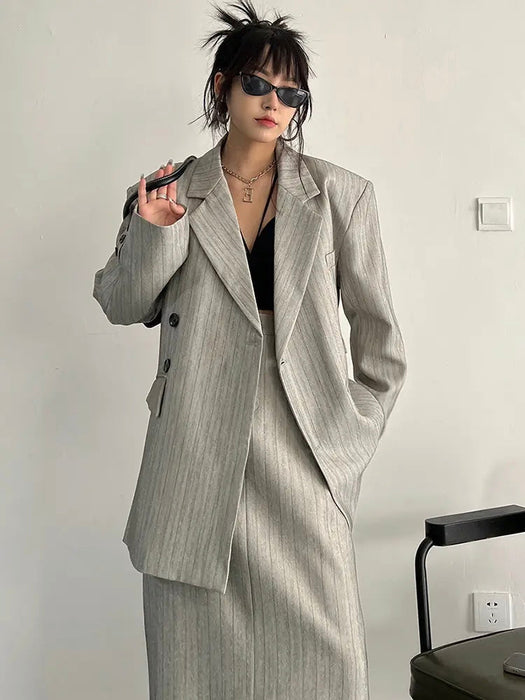 Gray Maxi Skirt Striped Oversized Women's Blazer Two Pieces Suit