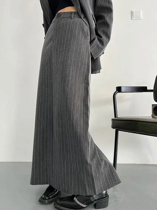 Gray Maxi Skirt Striped Oversized Women's Blazer Two Pieces Suit