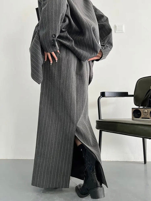 Gray Maxi Skirt Striped Oversized Women's Blazer Two Pieces Suit