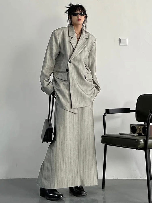 Gray Maxi Skirt Striped Oversized Women's Blazer Two Pieces Suit