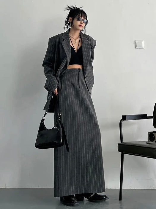 Gray Maxi Skirt Striped Oversized Women's Blazer Two Pieces Suit