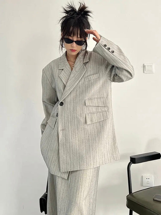 Gray Maxi Skirt Striped Oversized Women's Blazer Two Pieces Suit