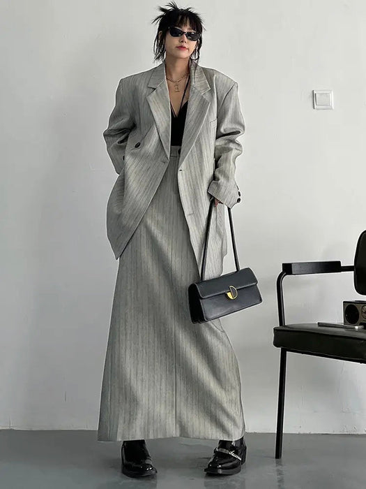 Gray Maxi Skirt Striped Oversized Women's Blazer Two Pieces Suit