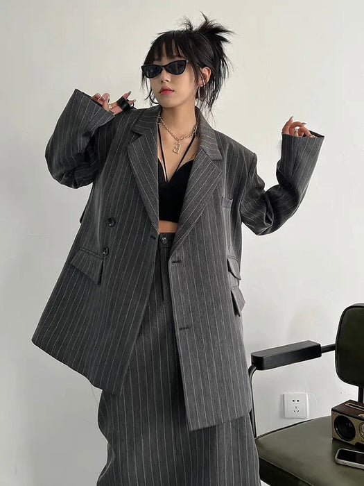 Gray Maxi Skirt Striped Oversized Women's Blazer Two Pieces Suit