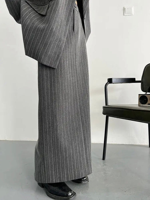 Gray Maxi Skirt Striped Oversized Women's Blazer Two Pieces Suit