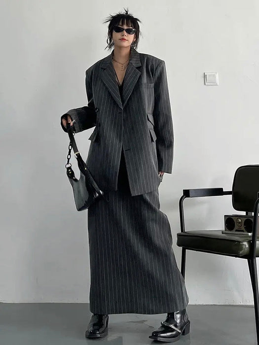 Gray Maxi Skirt Striped Oversized Women's Blazer Two Pieces Suit