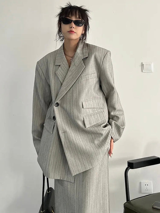 Gray Maxi Skirt Striped Oversized Women's Blazer Two Pieces Suit