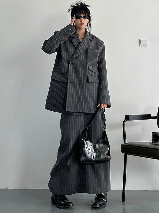 Gray Maxi Skirt Striped Oversized Women's Blazer Two Pieces Suit