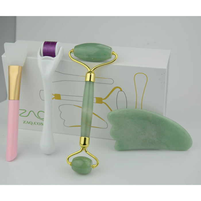 ZAQ Skin & Body - Jade Facial Roller, Gua Sha, Brush And Derma Roller Set