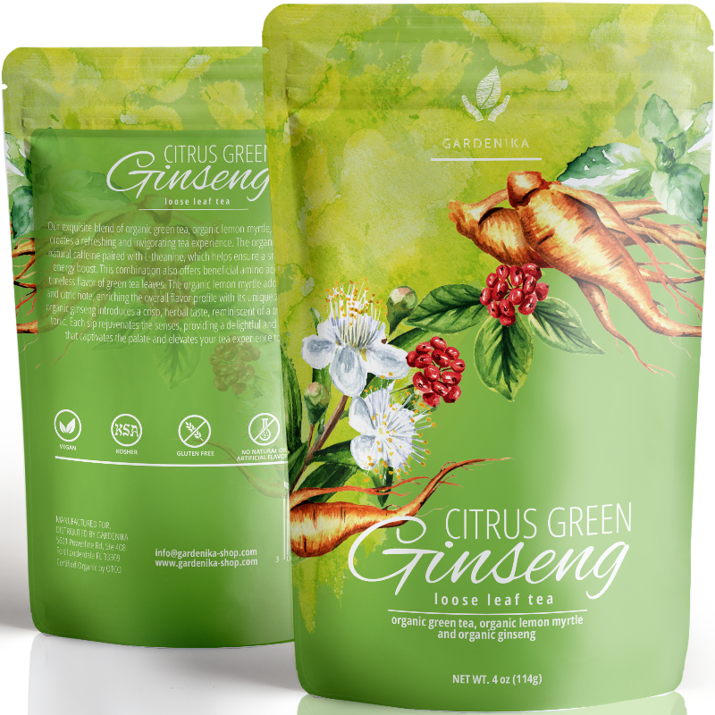 Gardenika Shop Ginseng Green Loose Tea, Medium-Caffeine /w Lemon Myrtle - Refreshing Coffee Alternative - Organic & Kosher Loose Leaf Tea