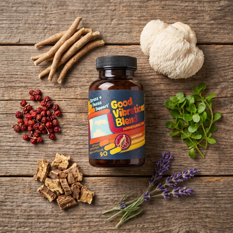 Hippie Farms Stress Support - Good Vibrations Blend - Ashwagandha, Lions Mane, & More Vitamins & Supplements Rosy Brown