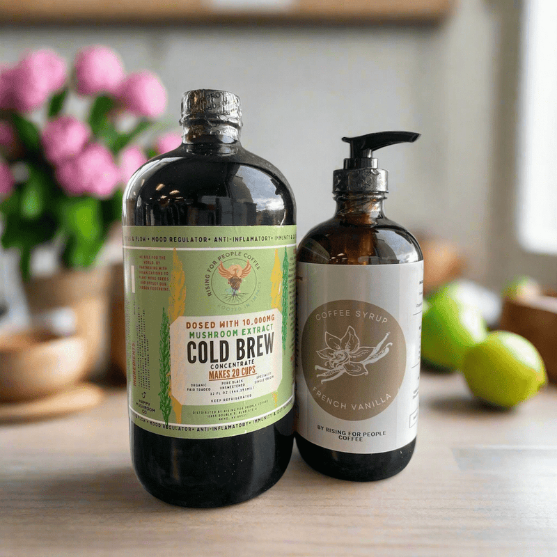 Rising For People Coffee Co. Happy mushroom Cold Brew & French Vanilla Coffee Syrup Coffee