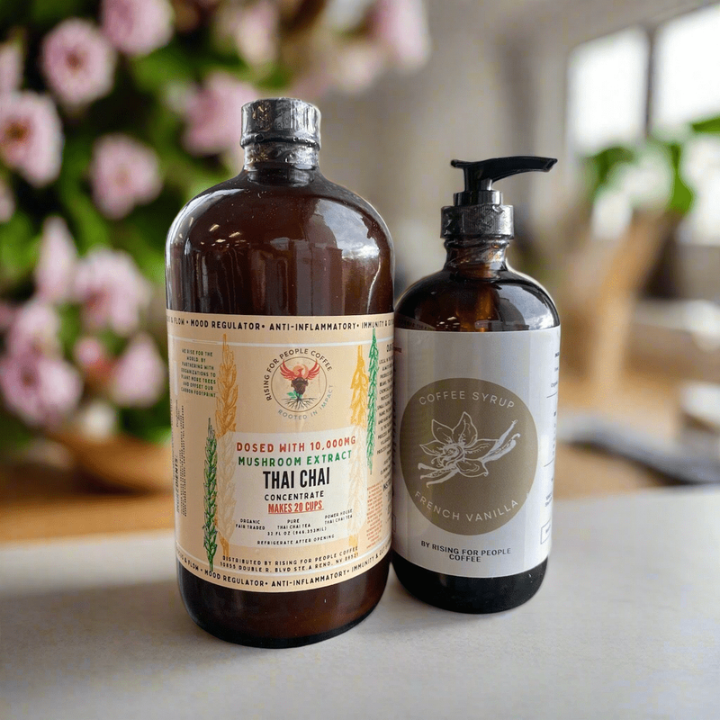 Rising For People Coffee Co. Happy Mushroom Thai Chai & French Vanilla Syrup Coffee